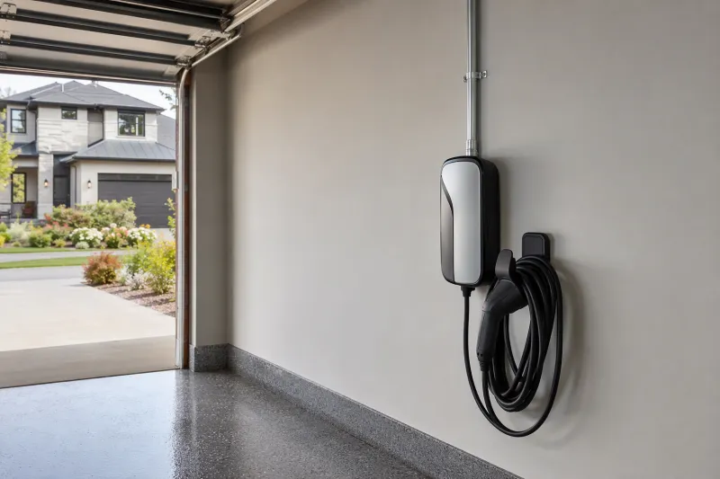 Level 2 electric vehicle charging unit mounted cleanly to garage wall