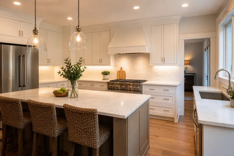 Warm recessed ceiling lighting in a modern renovated kitchen